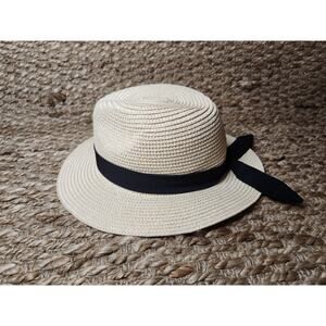 Women's Woven Straw Hat With Black Ribbon Bow Tie Beach Spring Summer
